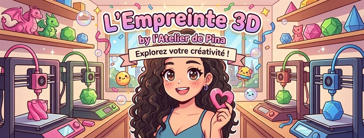 La bannière originale illustrée de Pina dans son atelier d’impression 3D